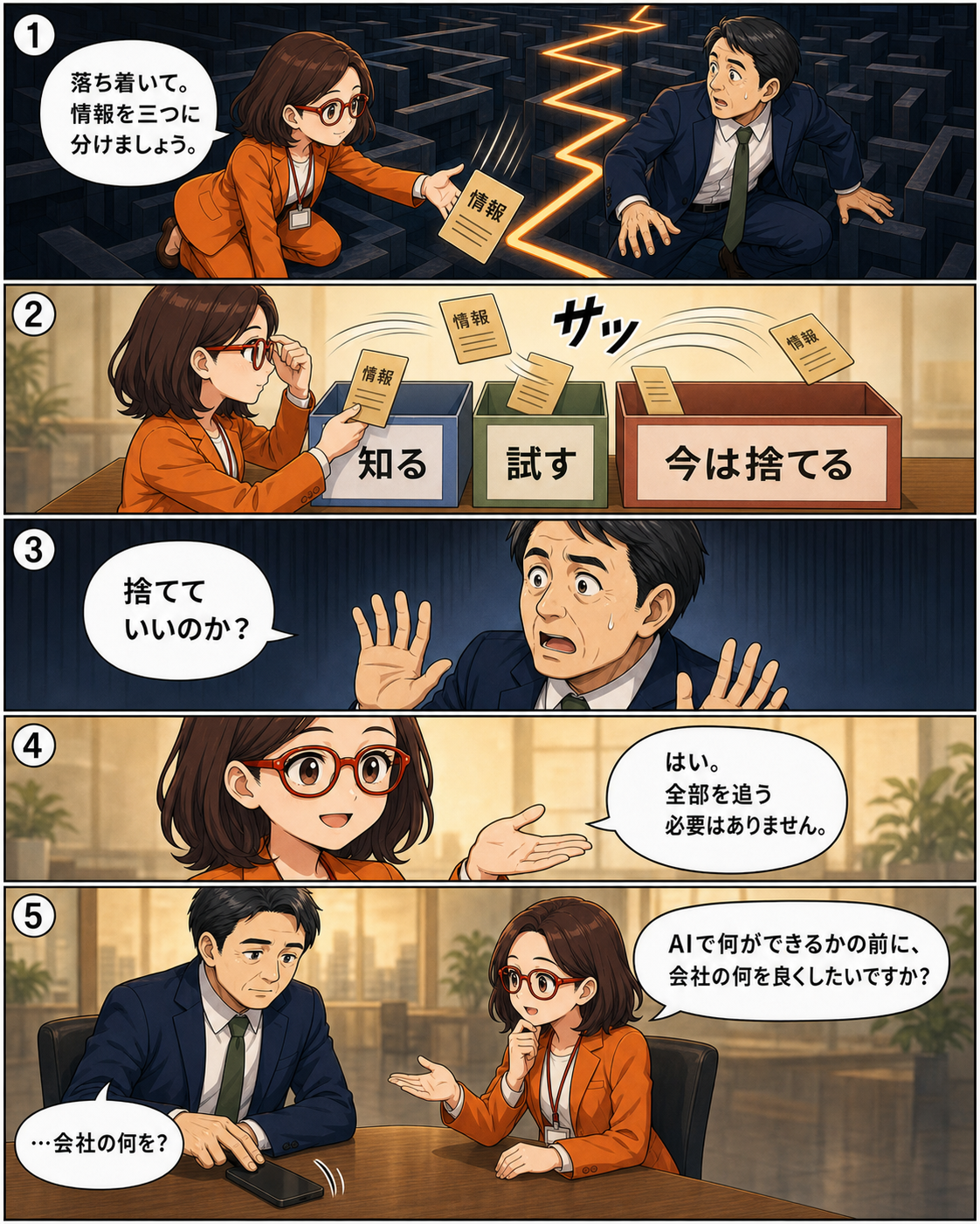 菊理はちこがAI情報を知る、試す、今は置くの三つに分類して整理する漫画ページ