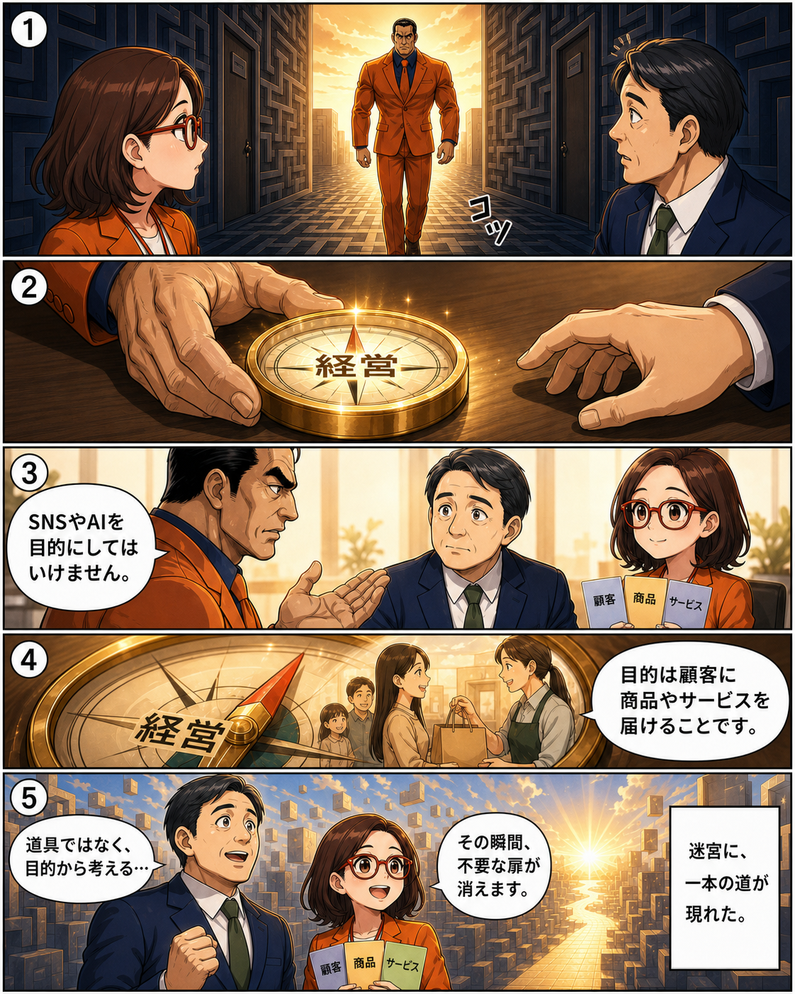 坂田誠がAIやSNSは手段であり目的は顧客へ商品やサービスを届けることと伝える漫画ページ