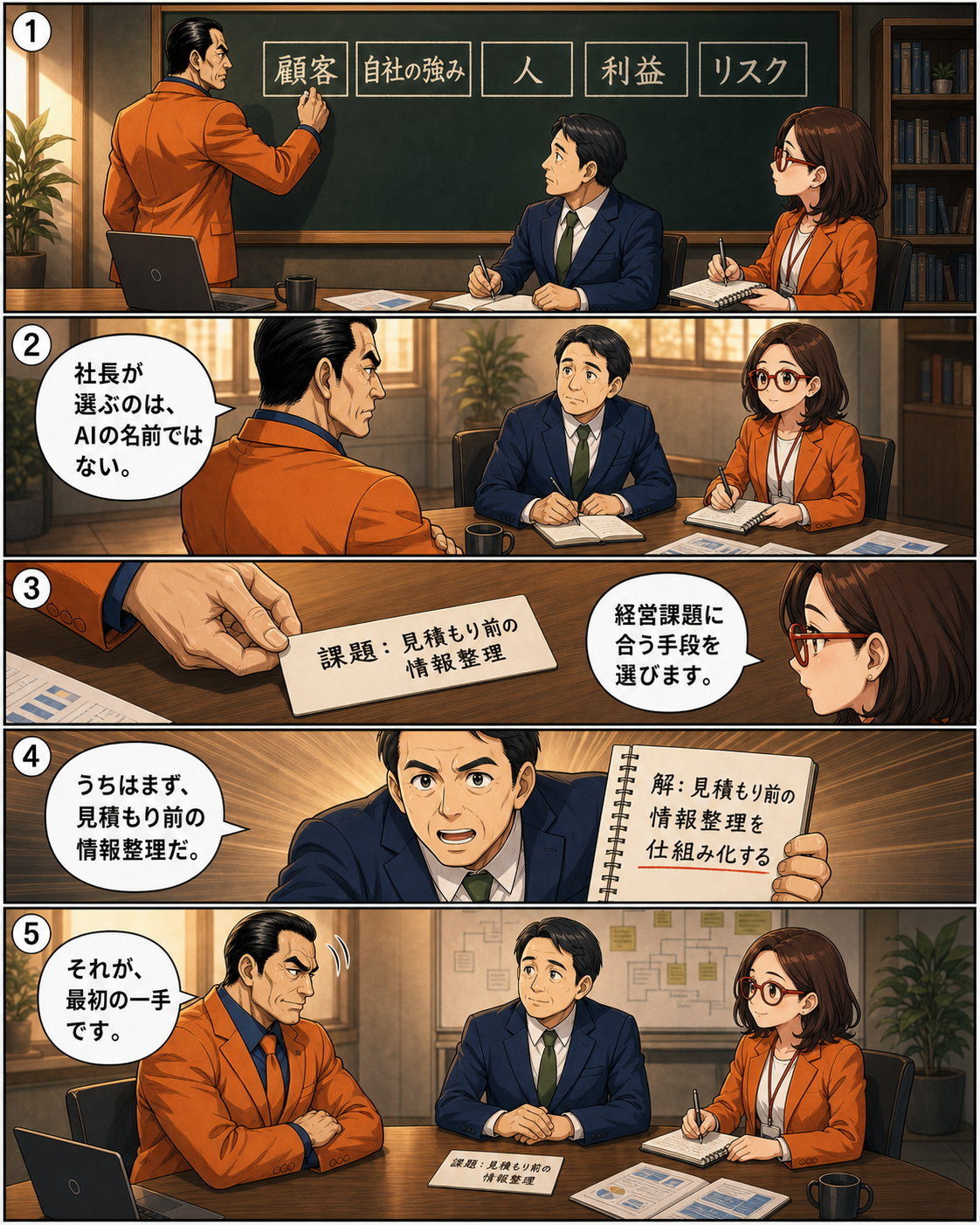 顧客、自社の強み、人、利益、リスクの五つの軸でAI活用の課題を選ぶ経営羅針盤の漫画ページ