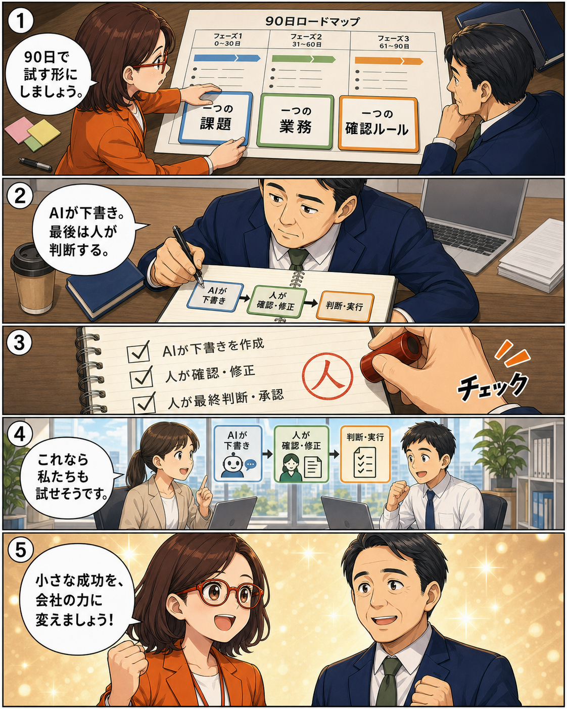 一つの課題と業務からAIを試し人が最終確認する90日実行計画を立てる漫画ページ
