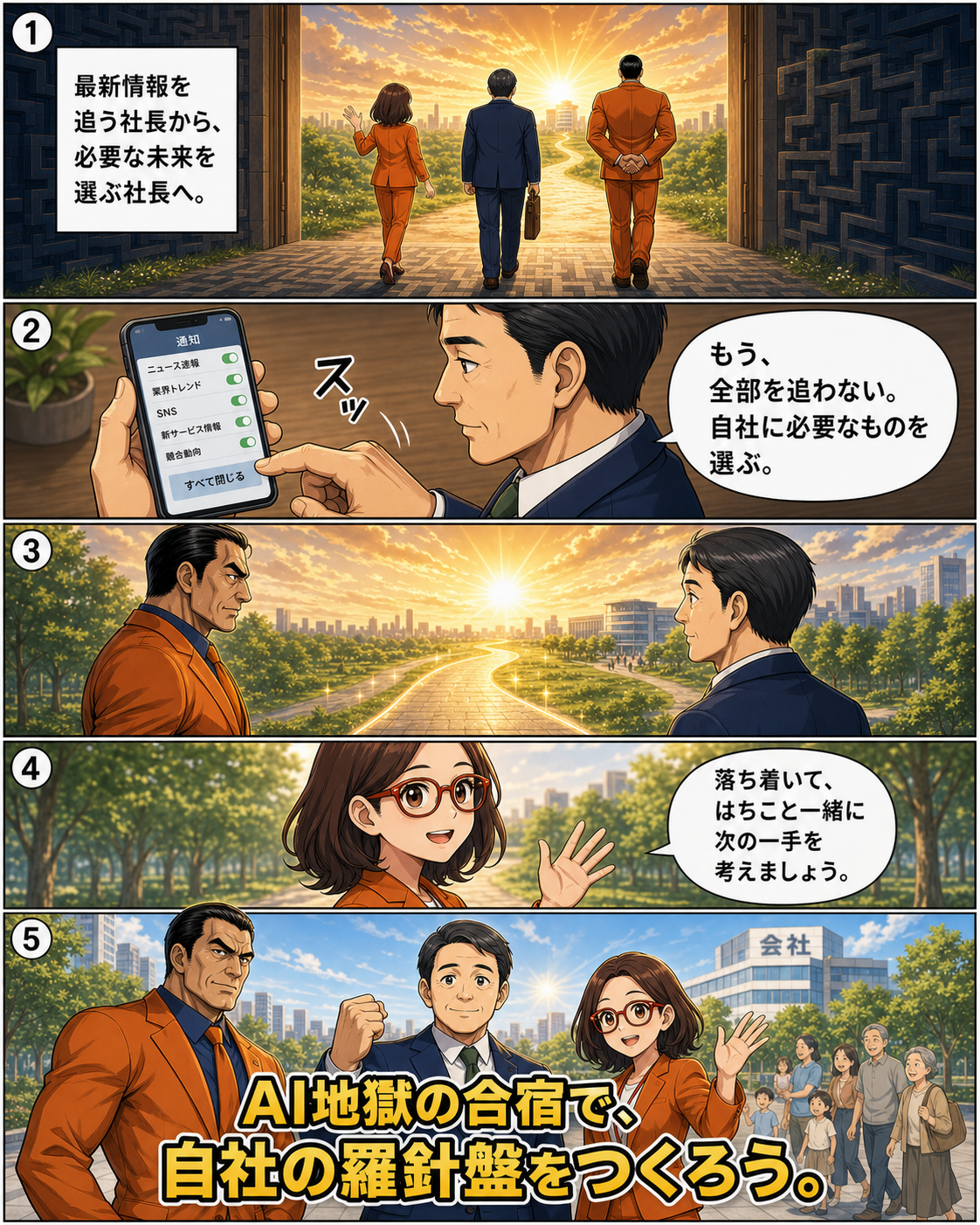AI情報を追い続けず自社の羅針盤を持って夜明けの道を歩き出す社長たちの漫画ページ