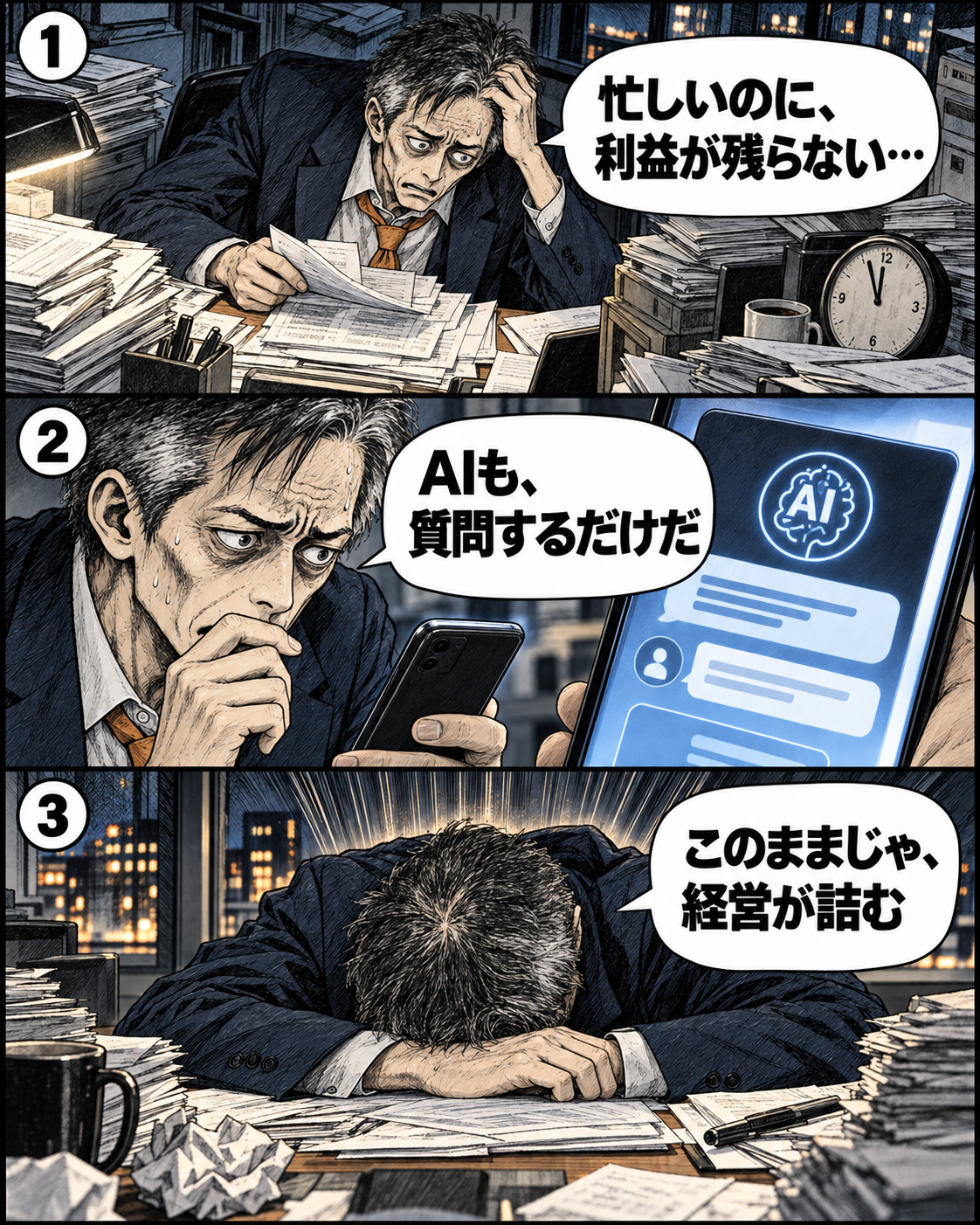 漫画1ページ。多忙で利益が出ず、AIを質問にしか使えていない50代社長