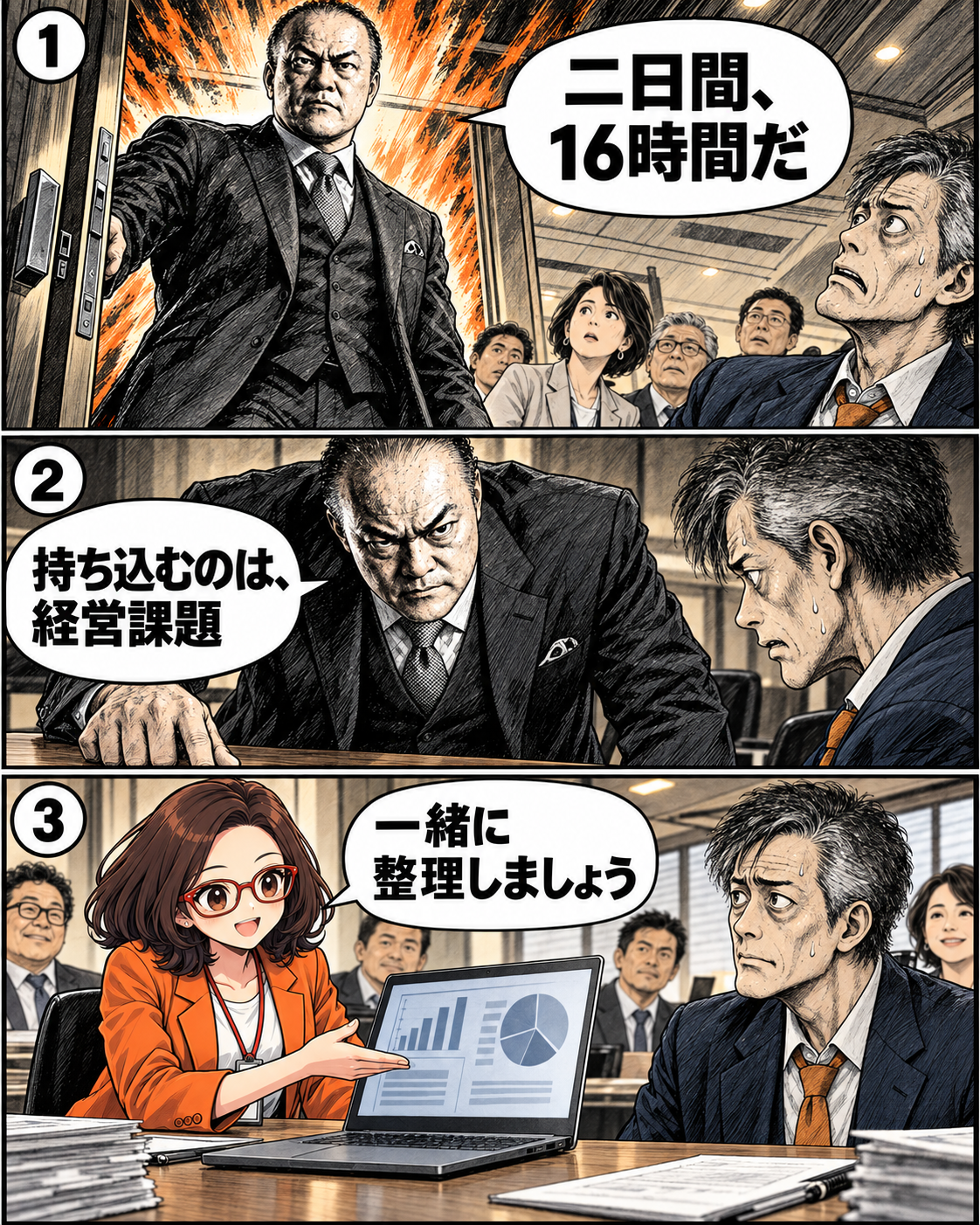 漫画3ページ。坂田誠が2日間16時間のAI合宿で経営課題に向き合うと告げる