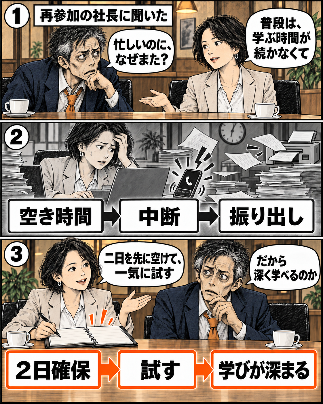 漫画4ページ。再参加した社長が、空き時間学習の中断と2日間確保の違いを説明