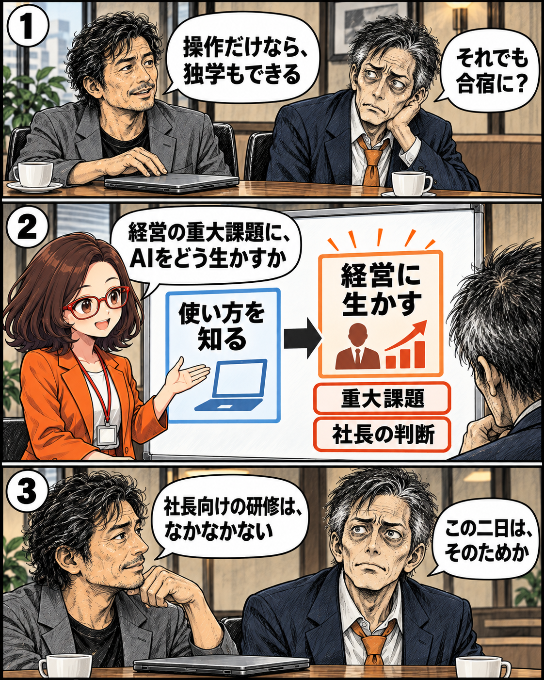漫画5ページ。AIの操作を知ることと経営に生かすことの違いを図解