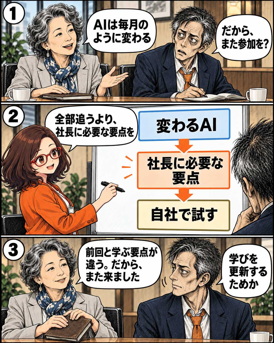漫画6ページ。変わるAIから社長に必要な要点を学び直す理由を図解