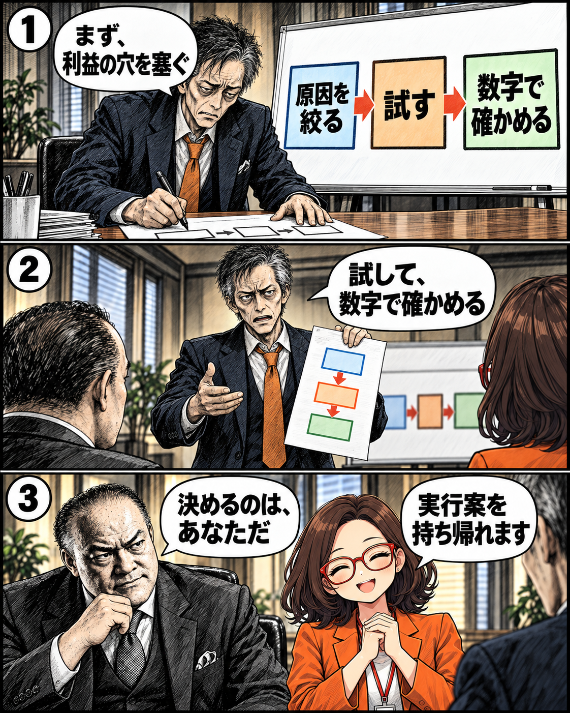 漫画7ページ。経営課題の原因を絞り、試し、数字で確かめる道筋