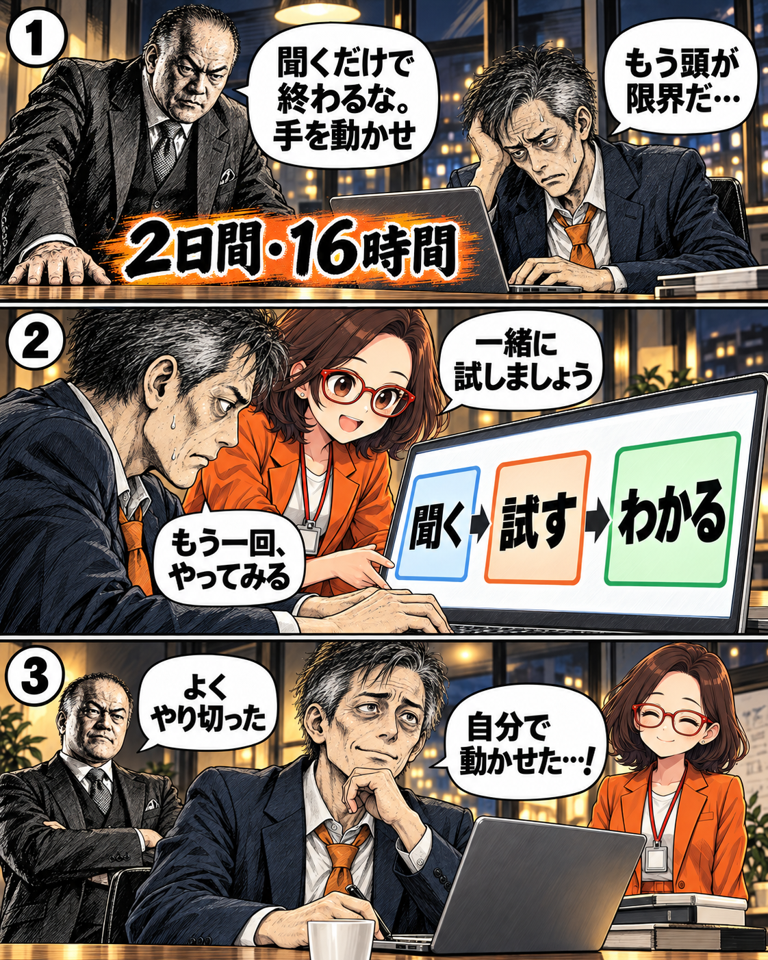 漫画8ページ。2日間16時間の厳しさと受講後の小さな手応え