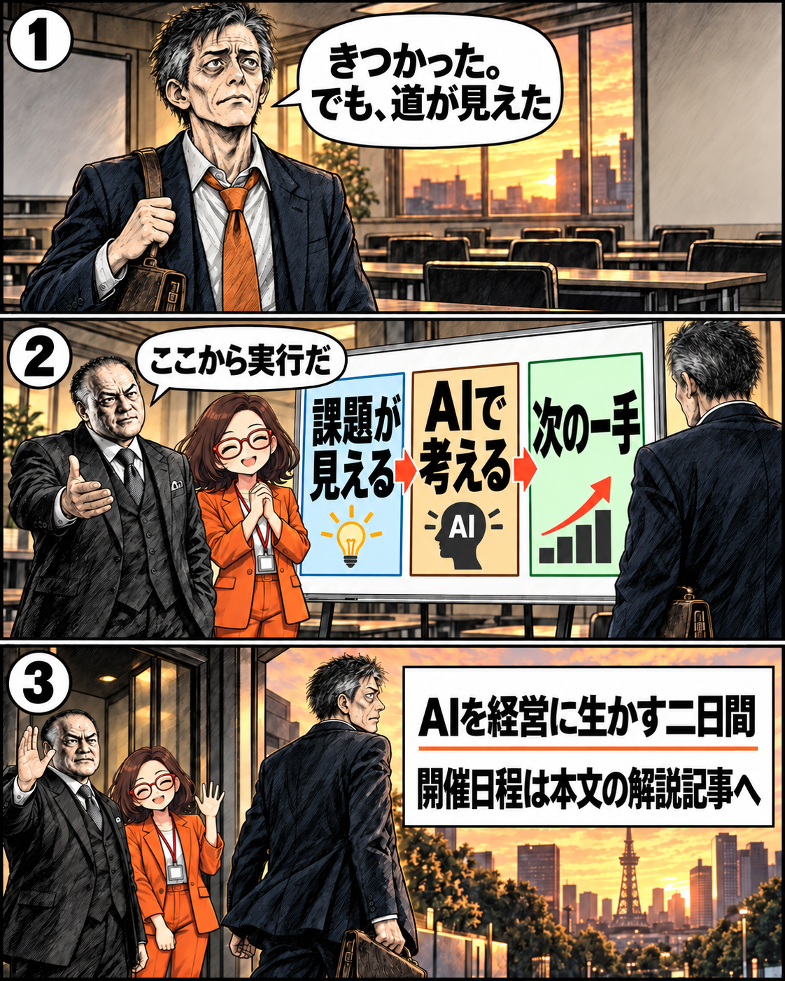 漫画9ページ。課題を見つけ、AIで考え、次の一手を決める社長