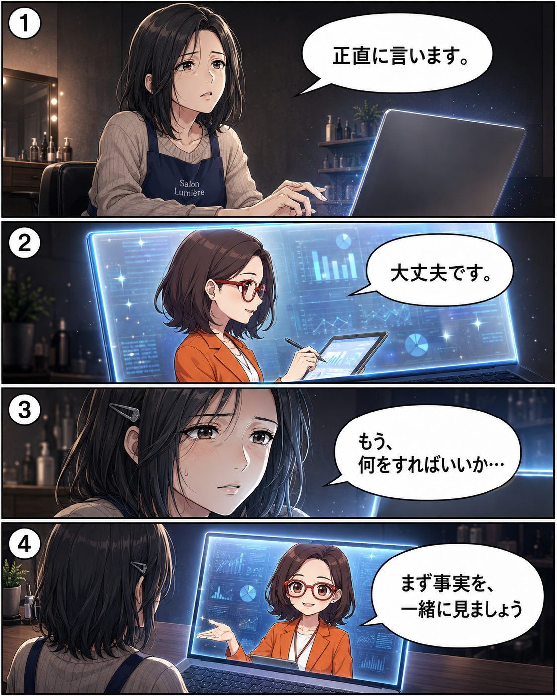 漫画第2ページ：一人サロンのオーナーがAI社員に経営の悩みを正直に相談する場面