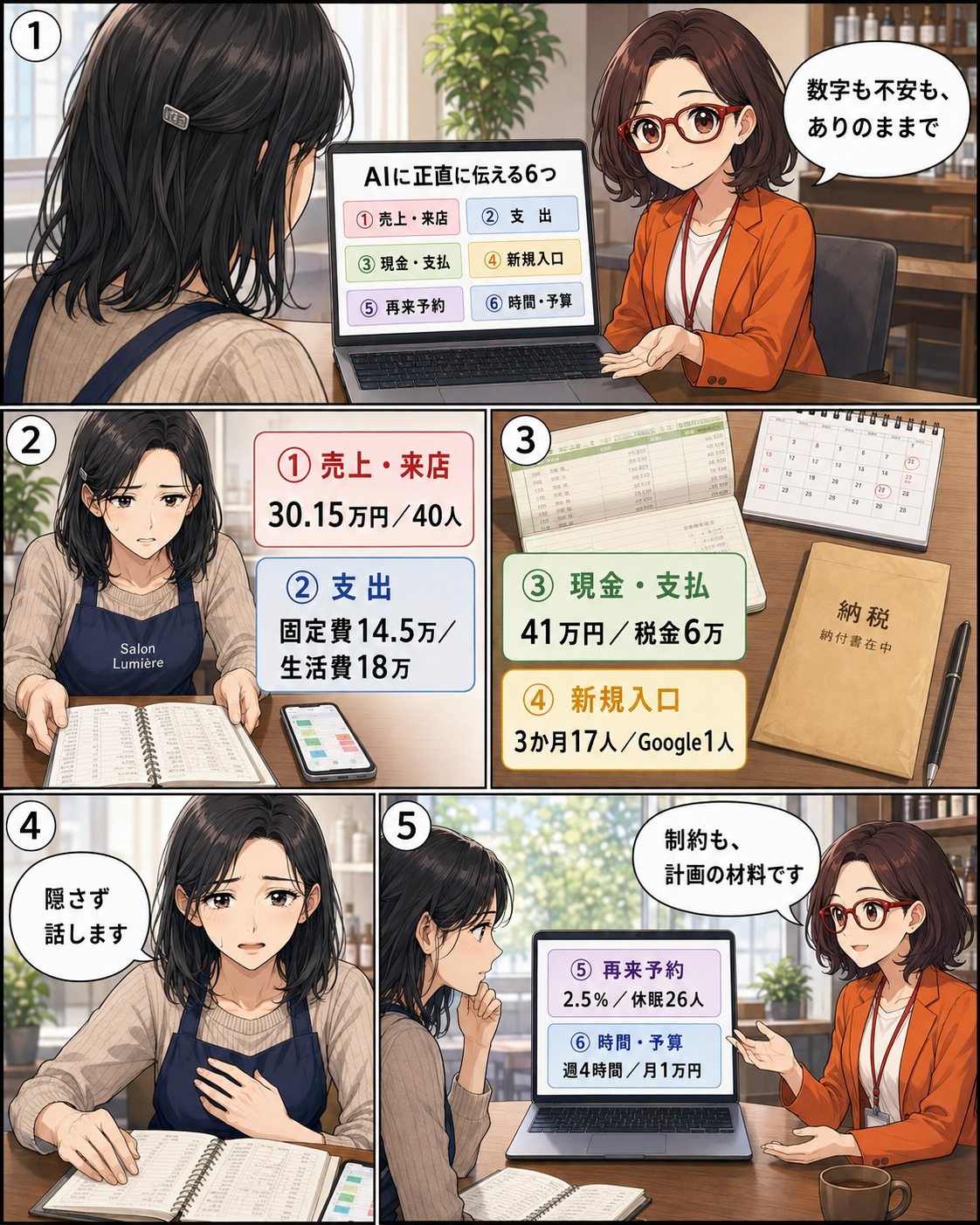 漫画第3ページ：AIに伝える売上、支出、現金、集客、再来、時間の6項目