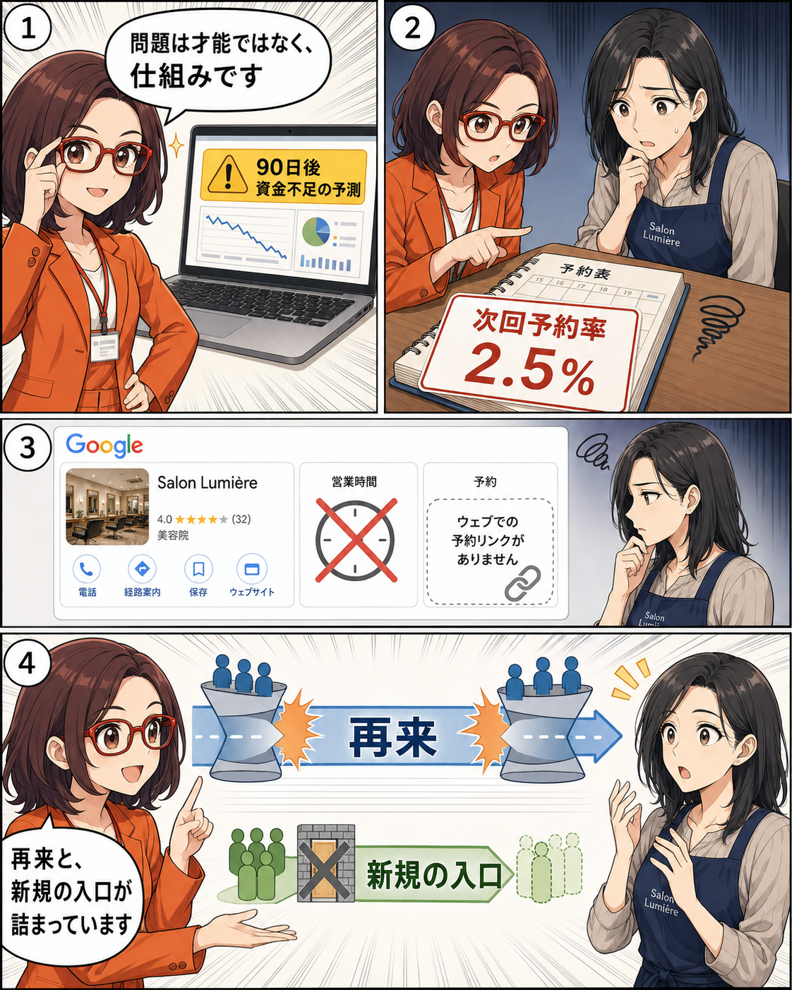 漫画第4ページ：次回予約率と予約導線から再来と新規のボトルネックを整理する
