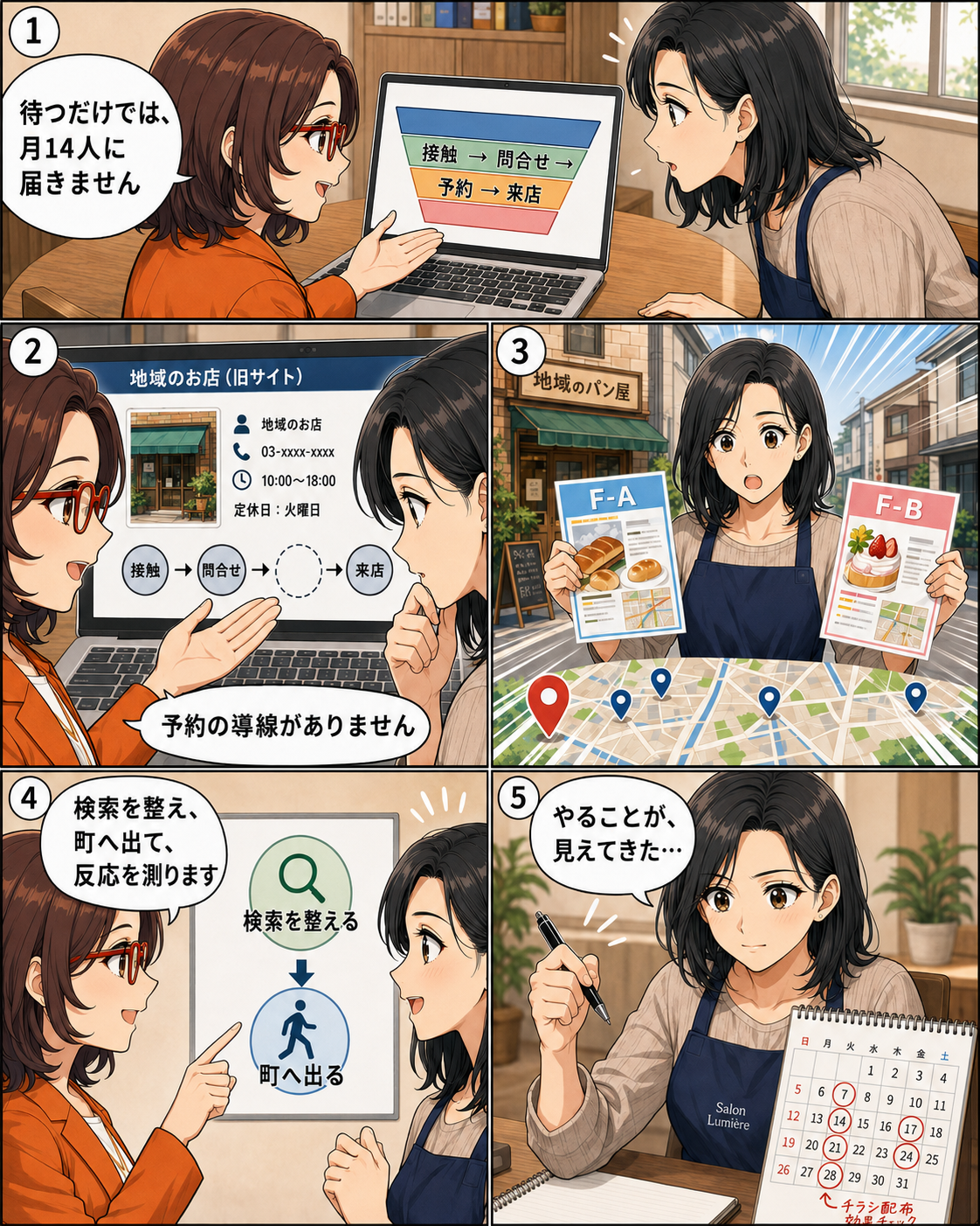 漫画第5ページ：検索導線と近隣営業で新規客を増やす計画をAIと立てる