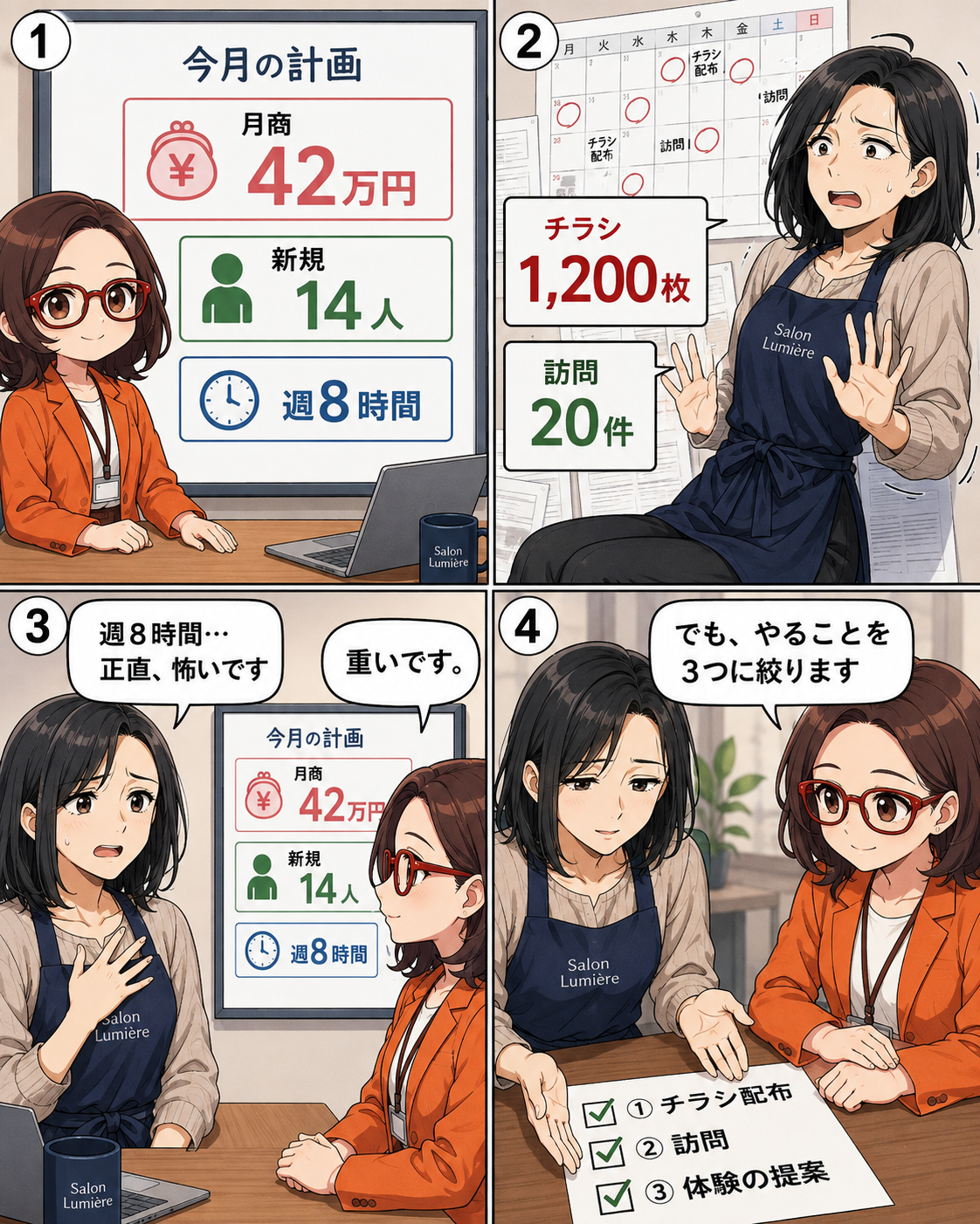 漫画第6ページ：月商42万円と新規14人を目標に週8時間の行動計画を決める