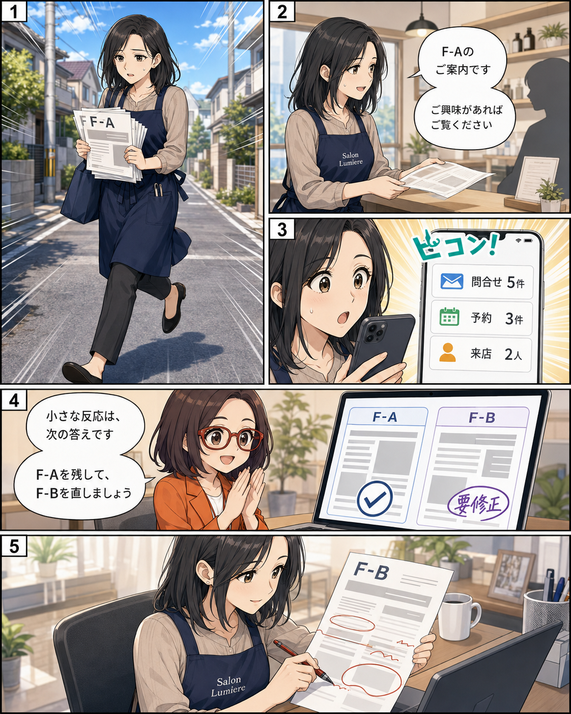 漫画第8ページ：チラシの反応、予約、来店を測り施策を改善する一人サロン