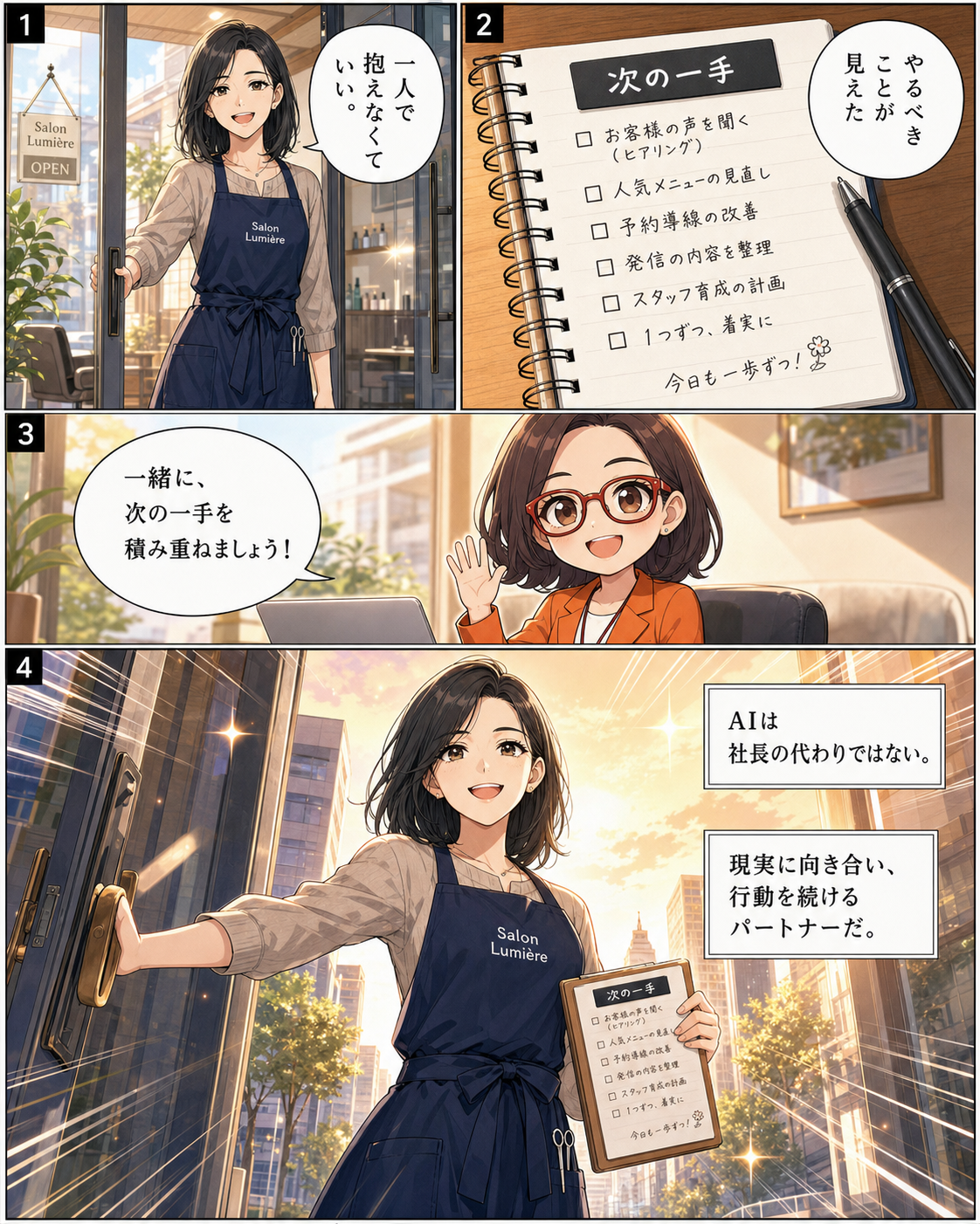 漫画第9ページ：AIと次の一手を積み重ねると決めてサロンの扉を開くオーナー