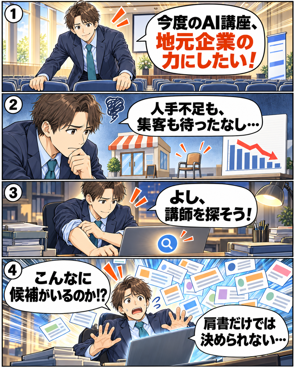 漫画1ページ目。商工会議所の企画担当が地元企業のために生成AI講座を企画し、講師候補の多さに驚く