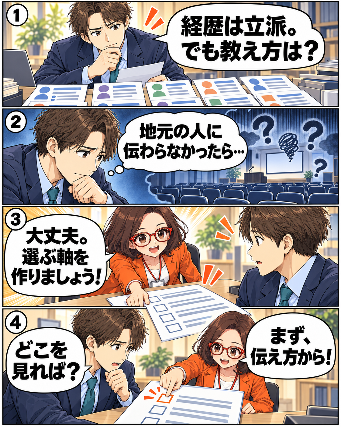 漫画2ページ目。講師の経歴だけでは教え方が分からず悩む企画担当に、菊理はちこが選ぶ軸を示す