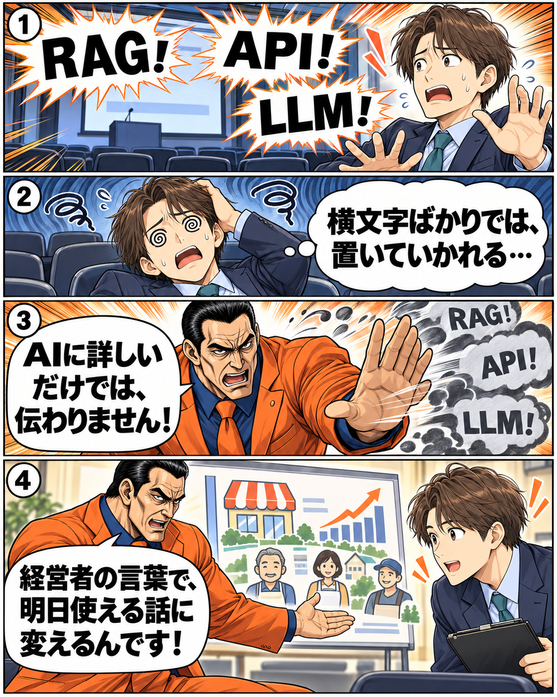 中小企業向け生成AIセミナー講師の選び方 漫画3ページ目：専門用語ばかりの講義への不安