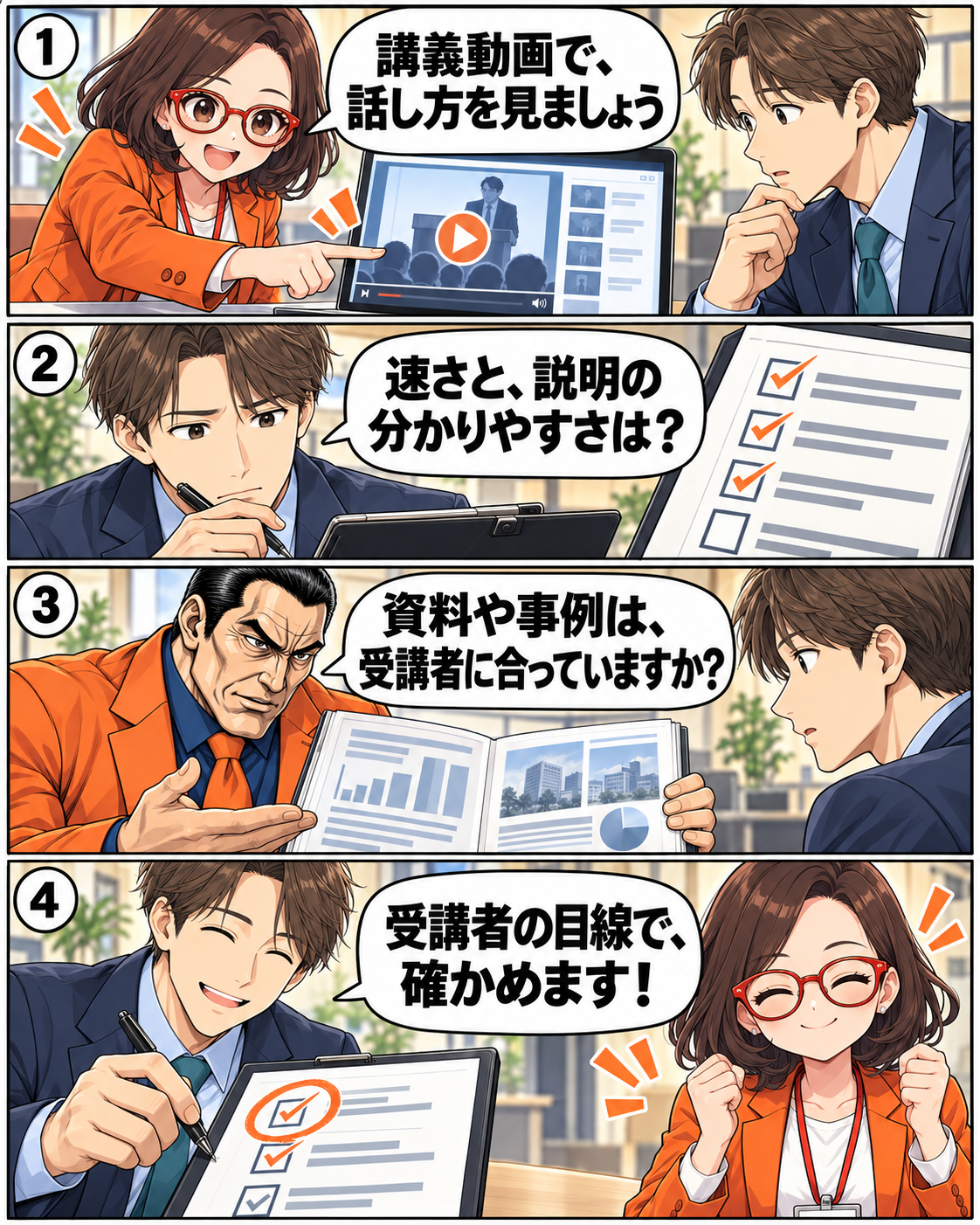 中小企業向け生成AIセミナー講師の選び方 漫画5ページ目：講義動画と事例の確認