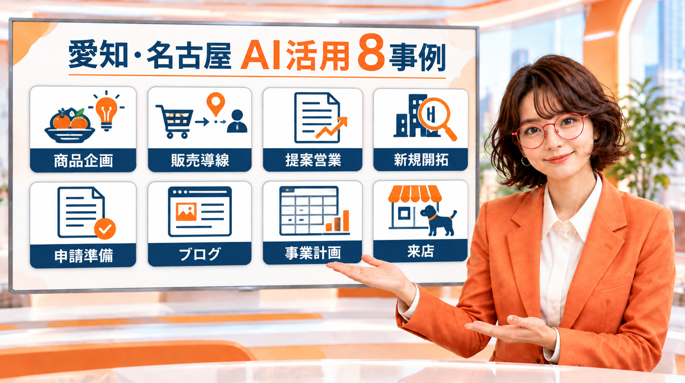 ニュースキャスター役の菊理はちこが、商品企画・販売導線・営業・申請準備など8事例の図解を案内するAI生成画像