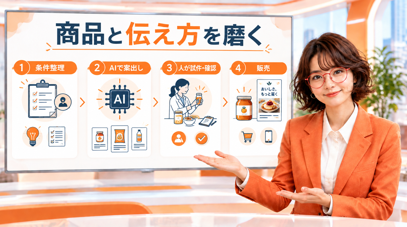 ニュースキャスター役の菊理はちこが「商品と伝え方を磨く」の図解を背景画面で解説するAI生成画像
