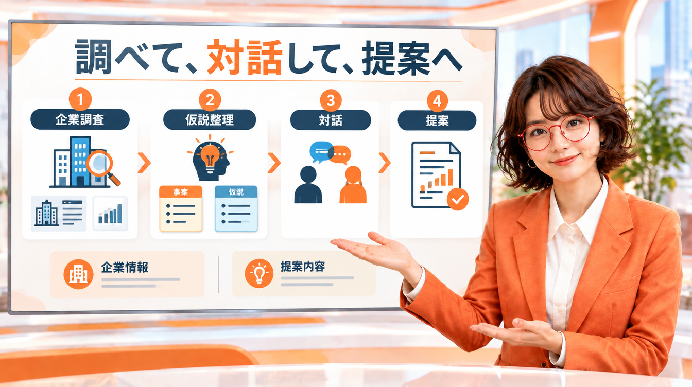 ニュースキャスター役の菊理はちこが「調べて、対話して、提案へ」の図解を背景画面で解説するAI生成画像