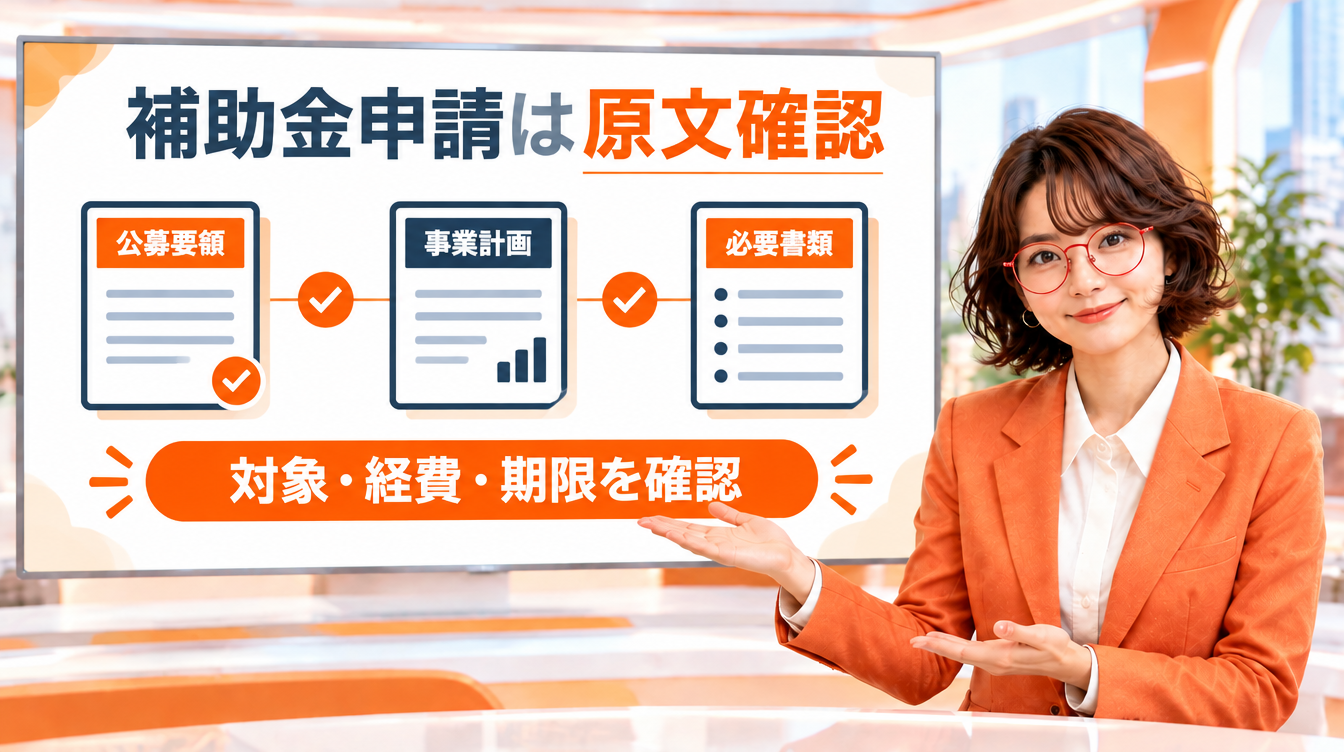 ニュースキャスター役の菊理はちこが「補助金申請は原文確認」の図解を背景画面で解説するAI生成画像