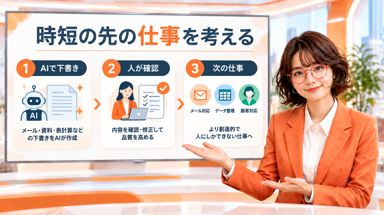 ニュースキャスター役の菊理はちこが「時短の先の仕事を考える」の図解を背景画面で解説するAI生成画像