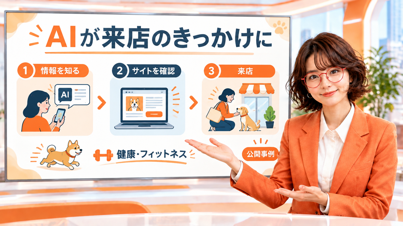 ニュースキャスター役の菊理はちこが「AIが来店のきっかけに」の図解を背景画面で解説するAI生成画像