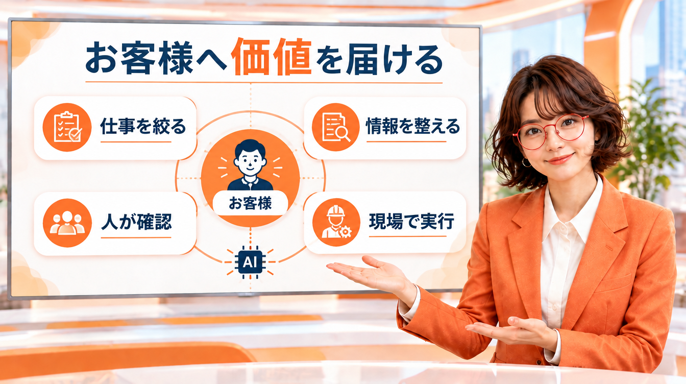 ニュースキャスター役の菊理はちこが「お客様へ価値を届ける」の図解を背景画面で解説するAI生成画像