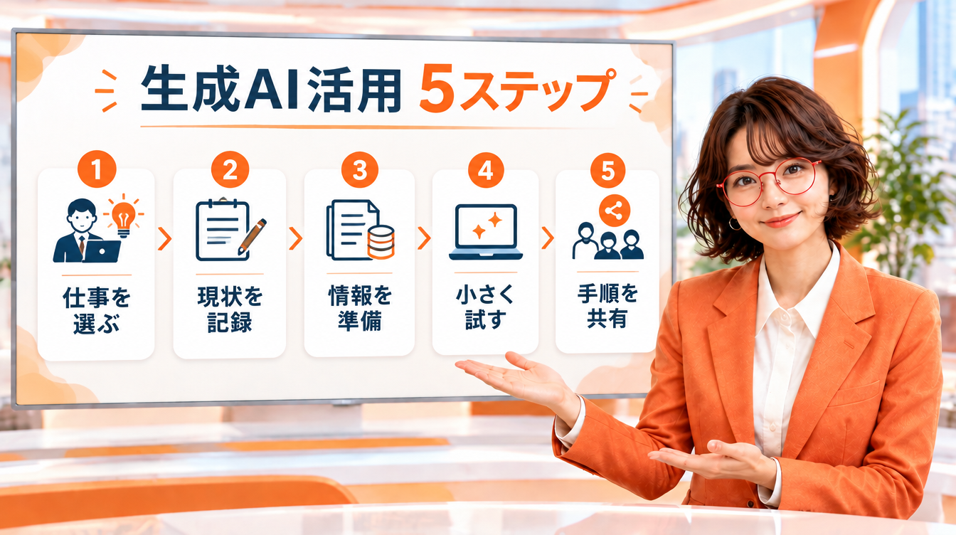 ニュースキャスター役の菊理はちこが「生成AI活用 5ステップ」の図解を背景画面で解説するAI生成画像