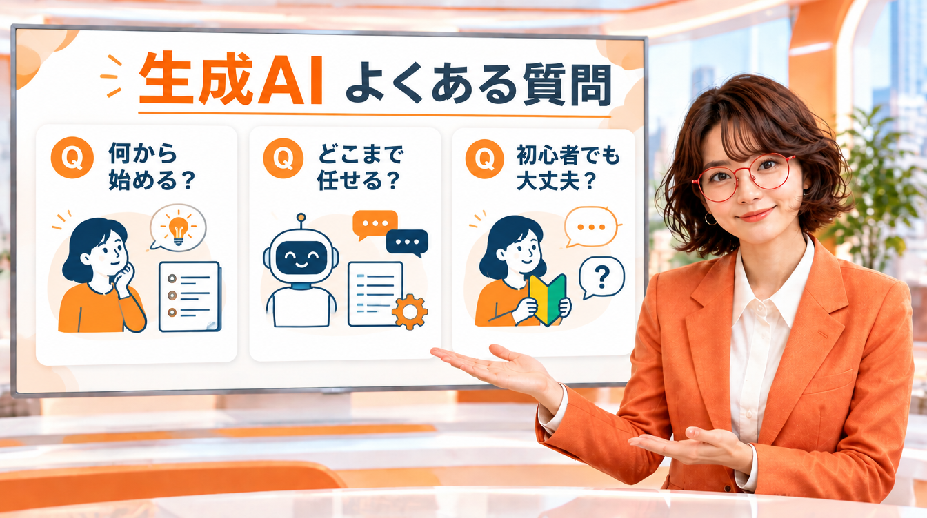 ニュースキャスター役の菊理はちこが「生成AI よくある質問」の図解を背景画面で解説するAI生成画像