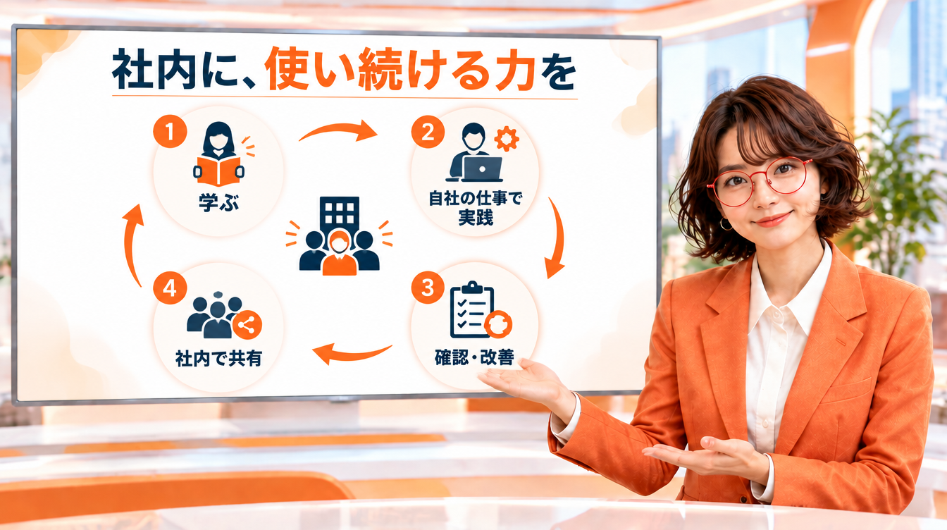 ニュースキャスター役の菊理はちこが「社内に、使い続ける力を」の図解を背景画面で解説するAI生成画像