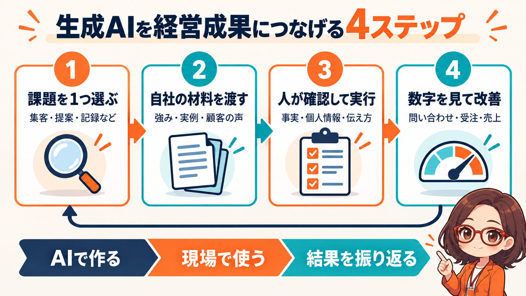 生成AIを経営成果につなげる4ステップ。課題を選ぶ、自社の材料を渡す、人が確認して実行、数字を見て改善