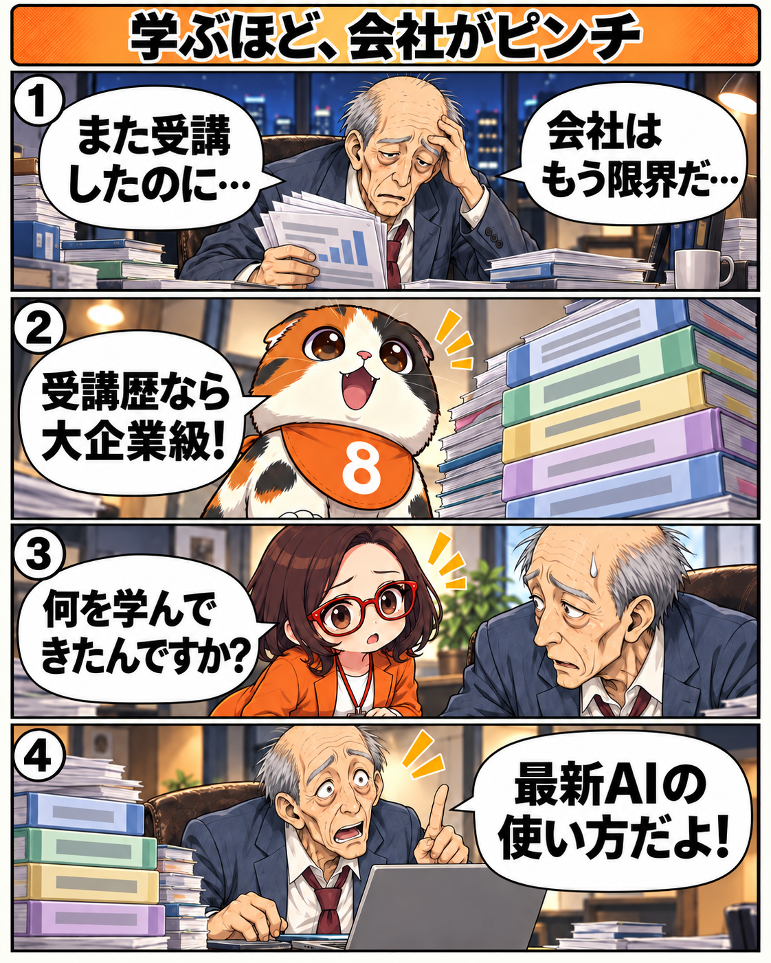 大量のAIセミナー資料に囲まれた社長に、はちおが受講歴をからかい、はちこが学んだ内容を尋ねる。