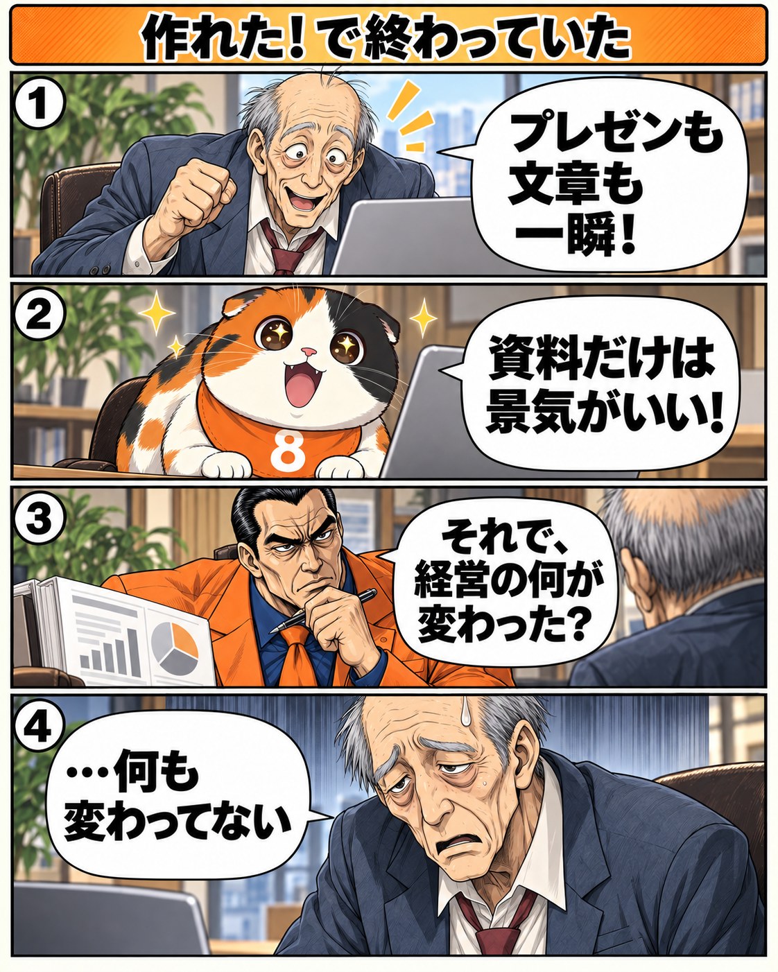 AIでプレゼン資料や文章を作れたと喜ぶ社長が、坂田誠から経営に何が変わったか問われる。