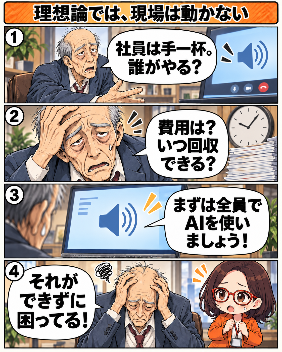 手一杯の社員や費用回収を心配する社長が、全員にAIを使わせるだけの理想論に困っている。