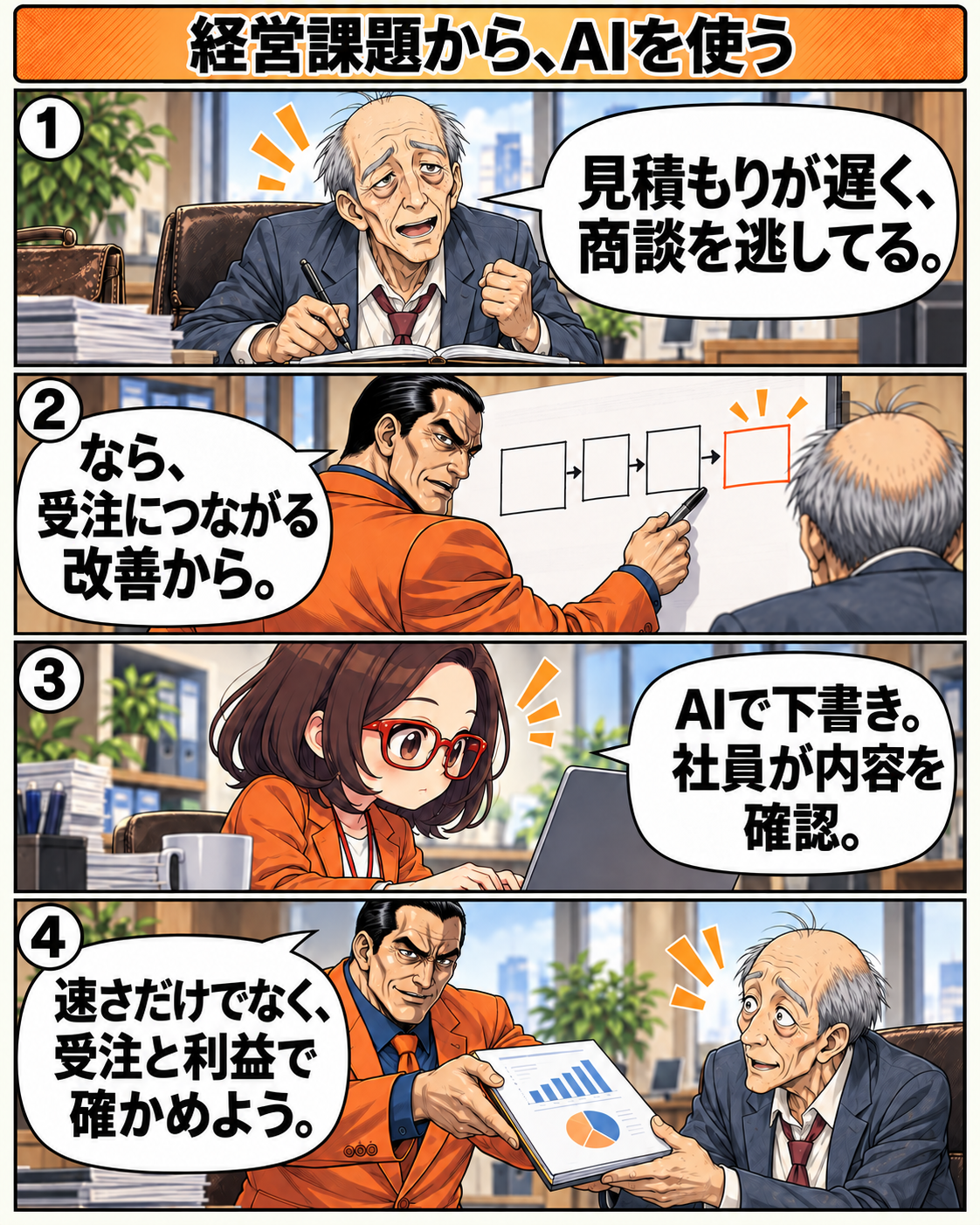 見積もりの遅れを課題に挙げた社長に、AIの下書きを社員が確認し、速さ・受注・利益で検証する流れを示す。