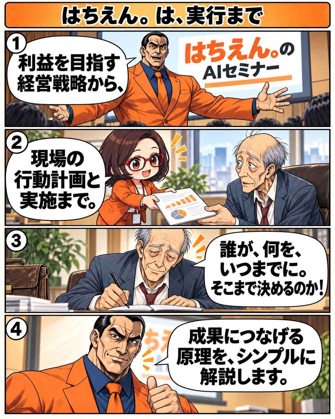 坂田誠とはちこが、利益につながる経営戦略から誰が何をいつまでに行うかを決める流れを紹介する。