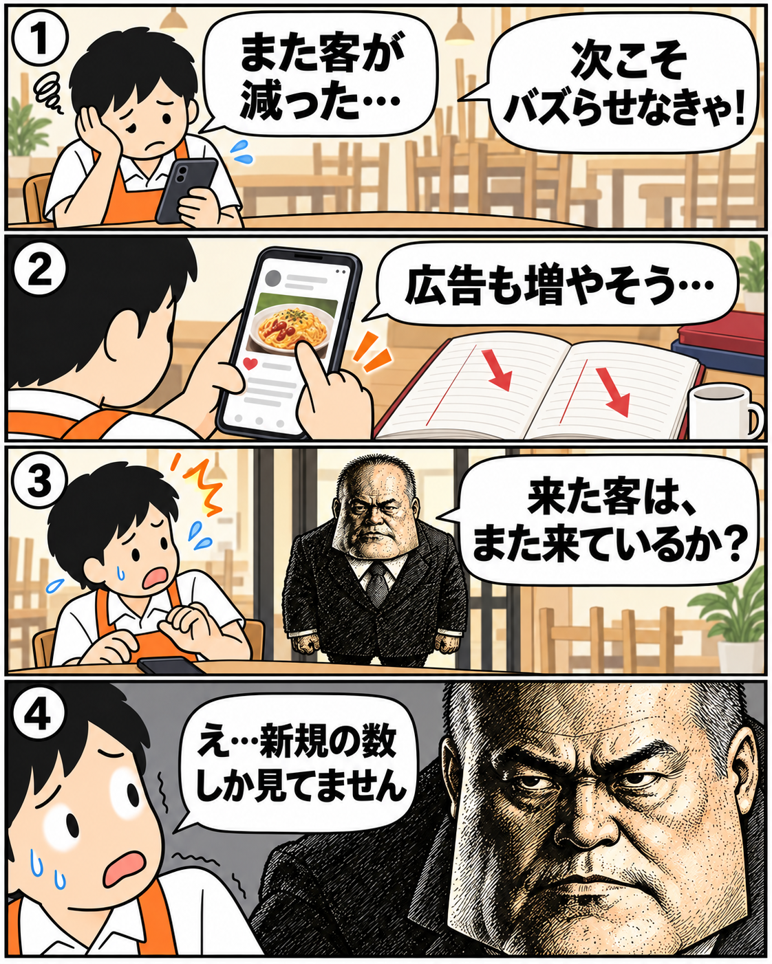 本編1。新規集客やSNSのバズを追う店長に、坂田誠が来店客の再来店を把握しているか問いかける。