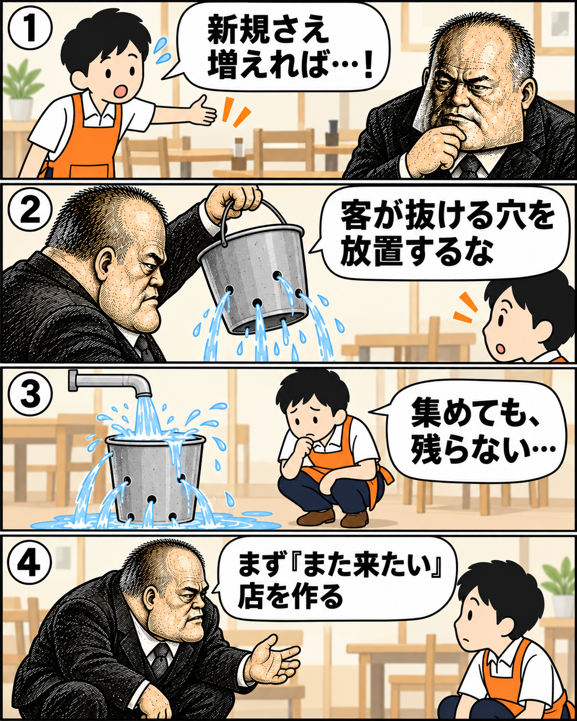 本編2。穴の空いたバケツを使い、新規客を集めても既存客が離れると経営が安定しないと説明する。
