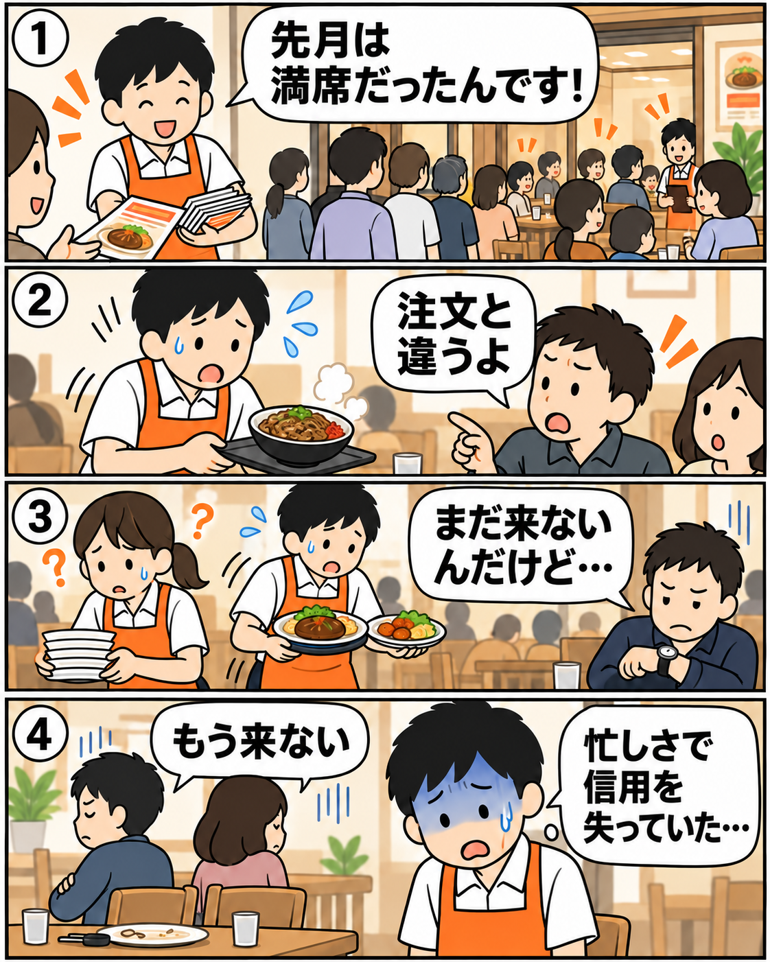 本編3。広告で満席になった飲食店で注文ミスと提供遅れが起き、お客様がもう来ないと感じる。