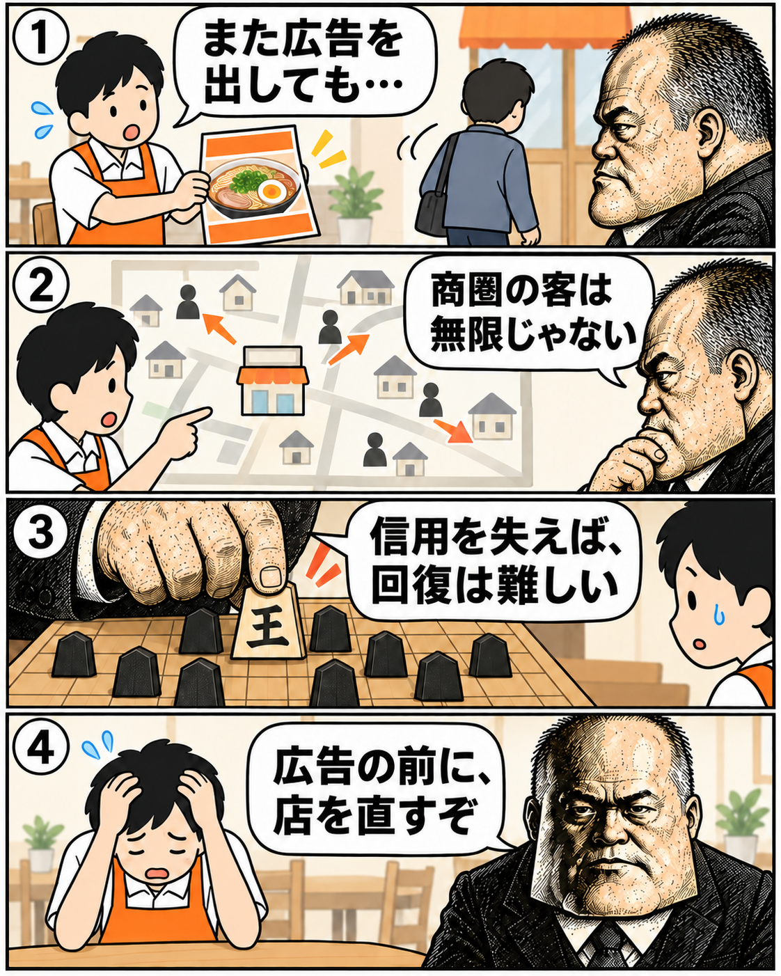本編4。広告に反応しない地元客と追い込まれた将棋の王を例に、商圏の信用を守る必要性を説明する。