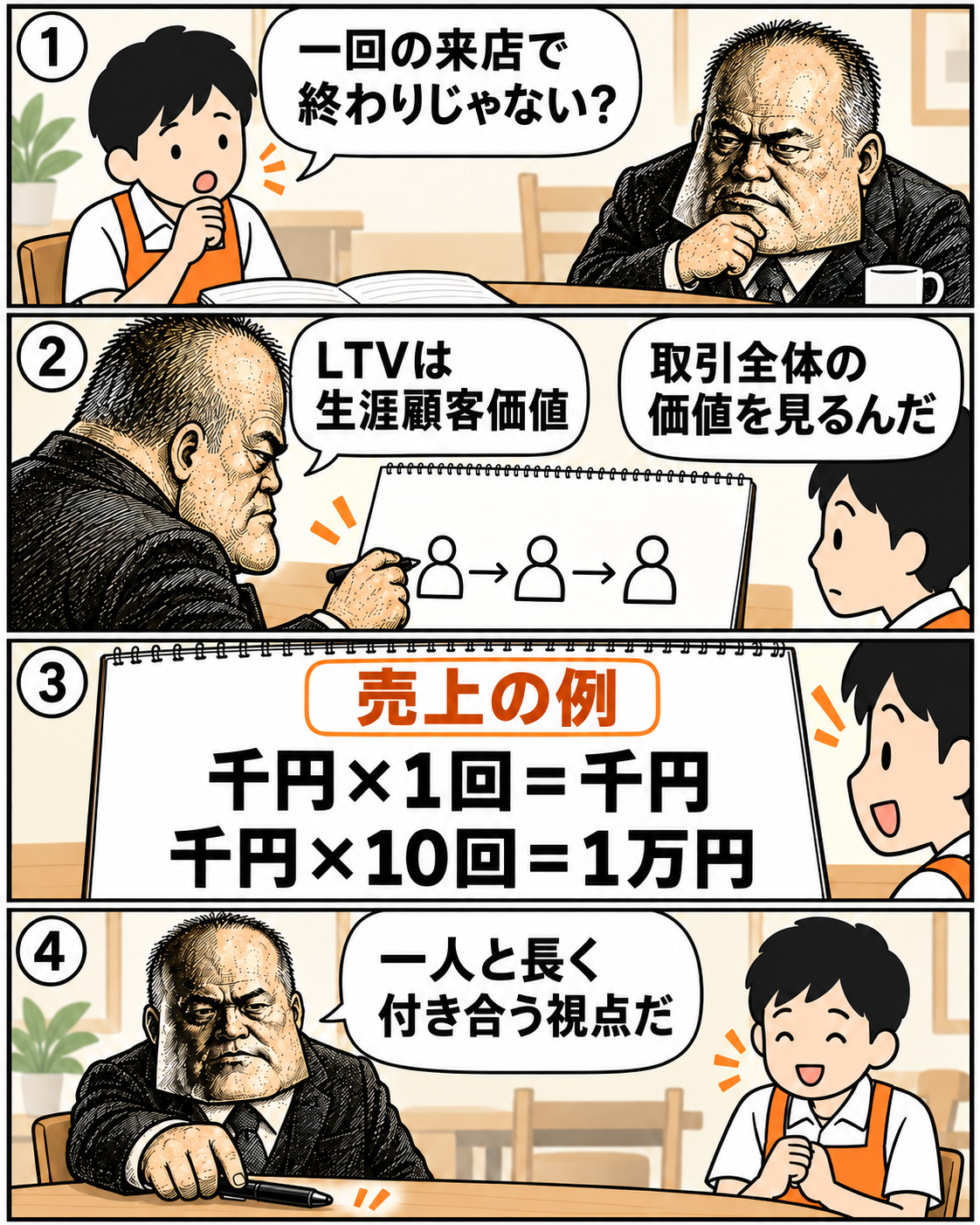 本編5。LTV・生涯顧客価値を説明し、売上の例として千円の買い物1回と10回を比較する。