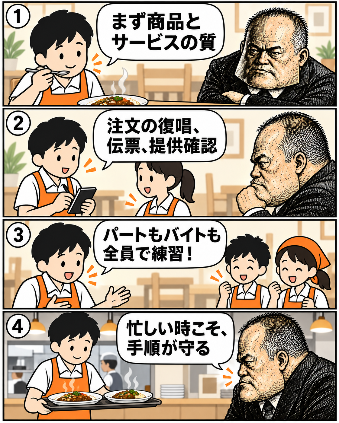 本編6。商品の質、注文の復唱、伝票、提供確認、パートやアルバイトを含む接客教育を整える。