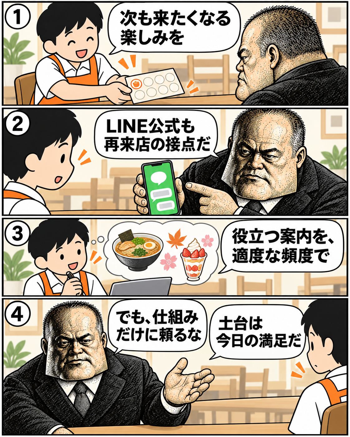 本編7。スタンプカードとLINE公式アカウントで再来店の接点を作り、今日の満足を土台にする。