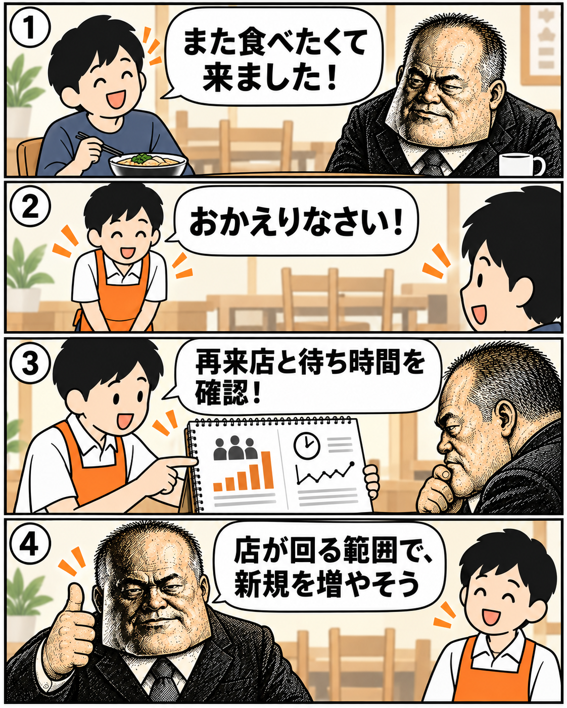 本編8。再来店したお客様を迎え、再来店状況と待ち時間を確認して無理のない集客を考える。