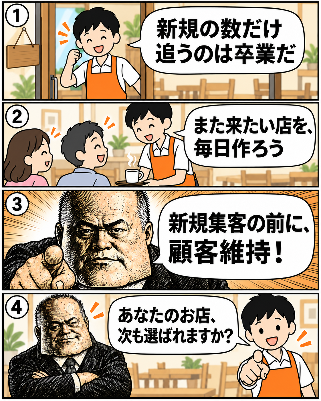 本編9。自信を取り戻した店長と坂田誠が、新規集客の前に顧客維持を見直そうと呼びかける。