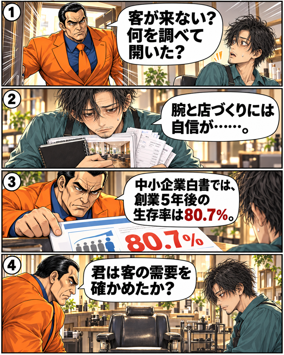 漫画2ページ。坂田誠が落男に開業前の調査を問い、中小企業白書の創業5年後生存率80.7％を示す